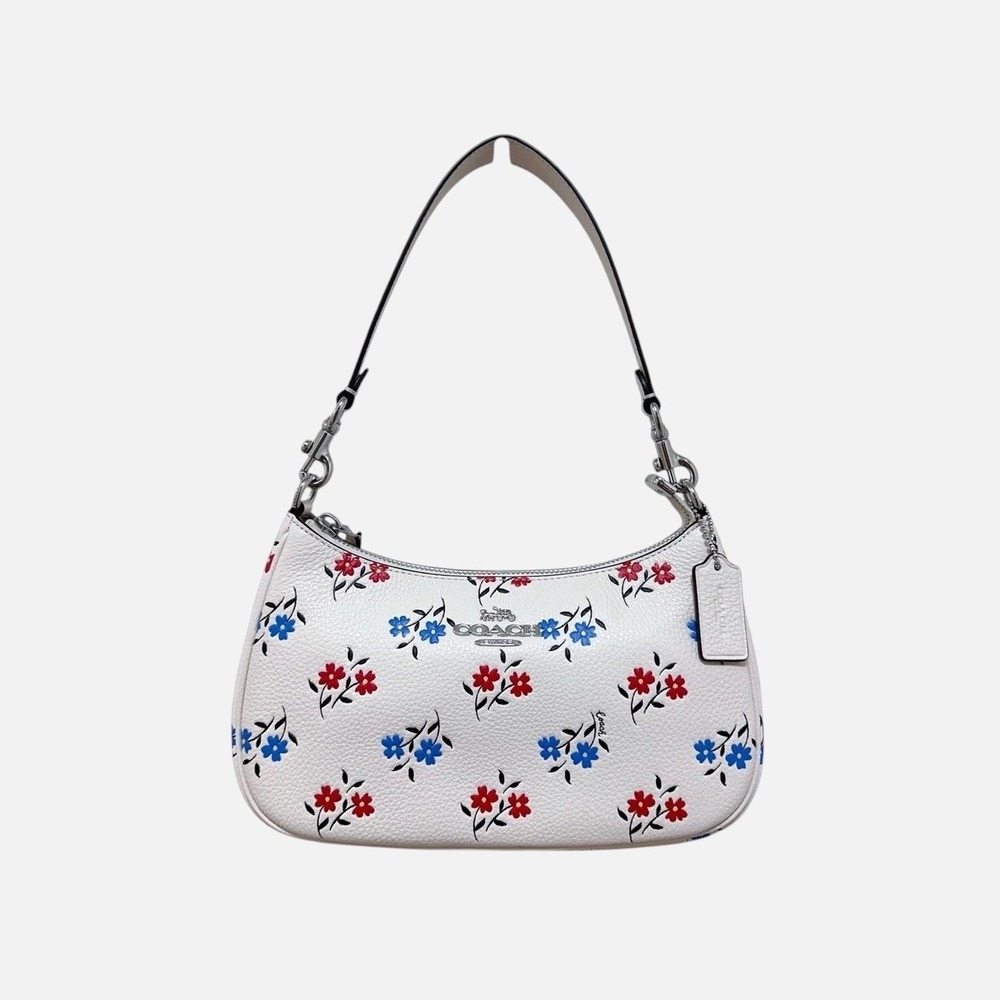 Coach Teri Shoulder Bag Floral Chalk White Pebbled Leather Crescent Y2K CT830